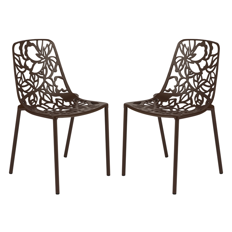LeisureMod Devon Modern Indoor Outdoor Aluminum Dining Chair in Brown Set of 2
