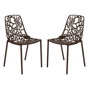 LeisureMod Devon Modern Indoor Outdoor Aluminum Dining Chair in Brown Set of 2