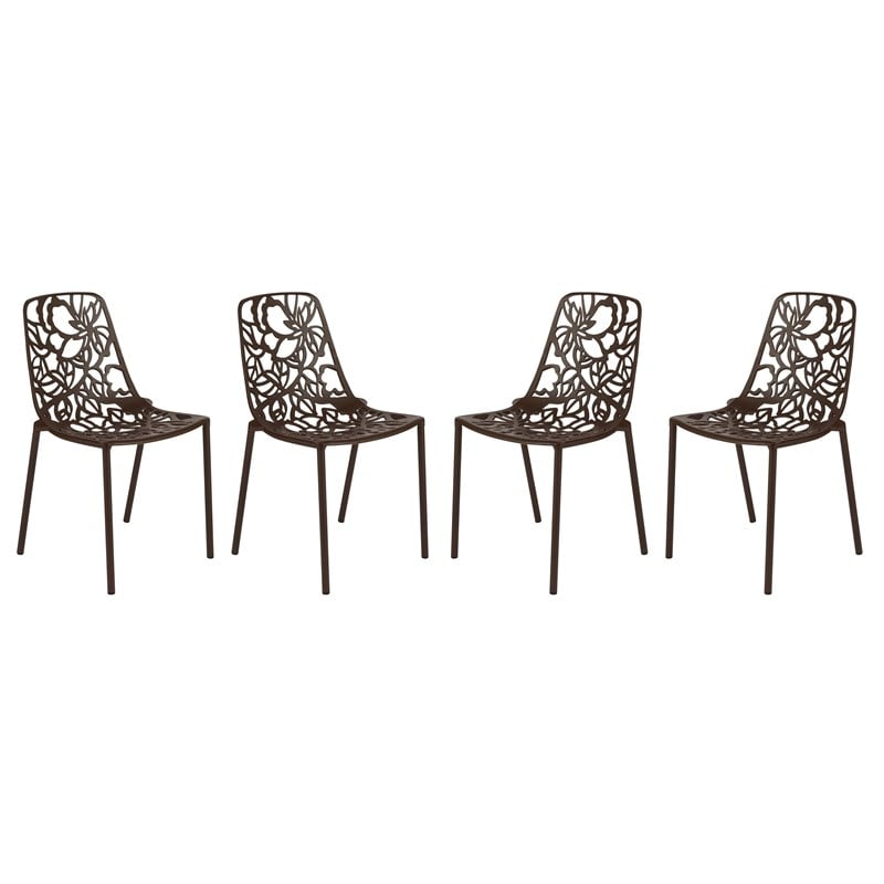 LeisureMod Devon Modern Indoor Outdoor Aluminum Dining Chair in Brown Set of 4