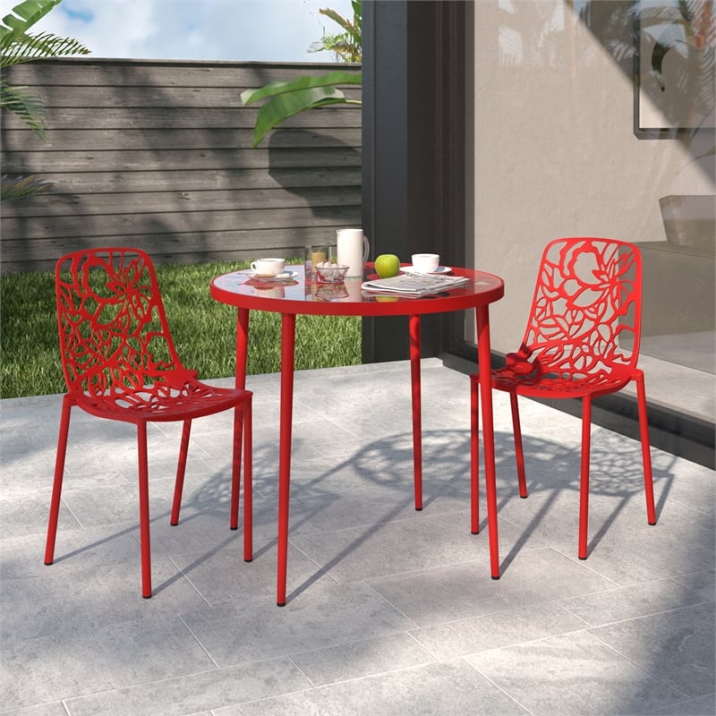 LeisureMod Devon Modern Indoor Outdoor Aluminum Dining Chair in Red Set of 2