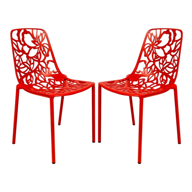 LeisureMod Devon Modern Indoor Outdoor Aluminum Dining Chair in Red Set of 2