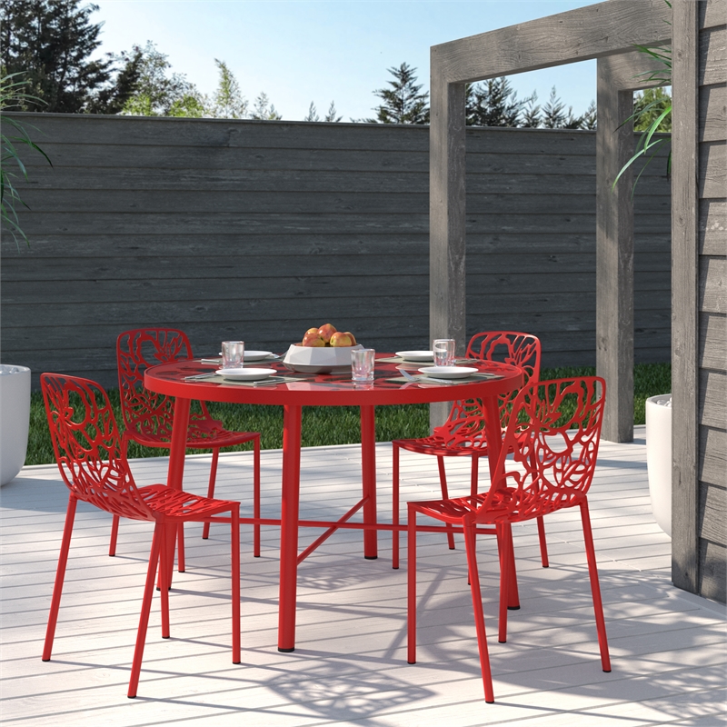LeisureMod Devon Modern Indoor Outdoor Aluminum Dining Chair in Red Set of 4