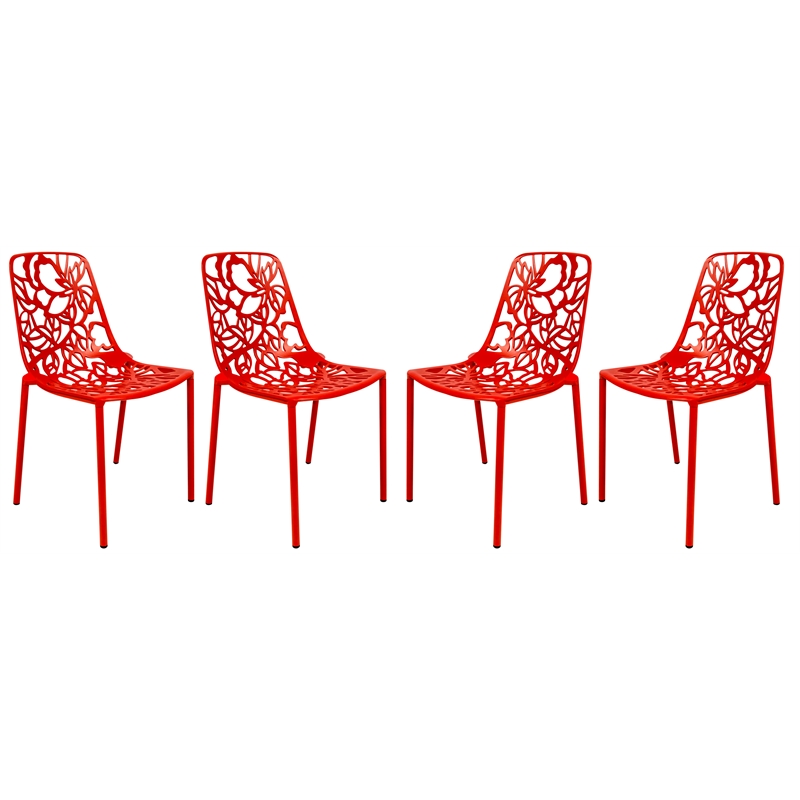 LeisureMod Devon Modern Indoor Outdoor Aluminum Dining Chair in Red Set of 4