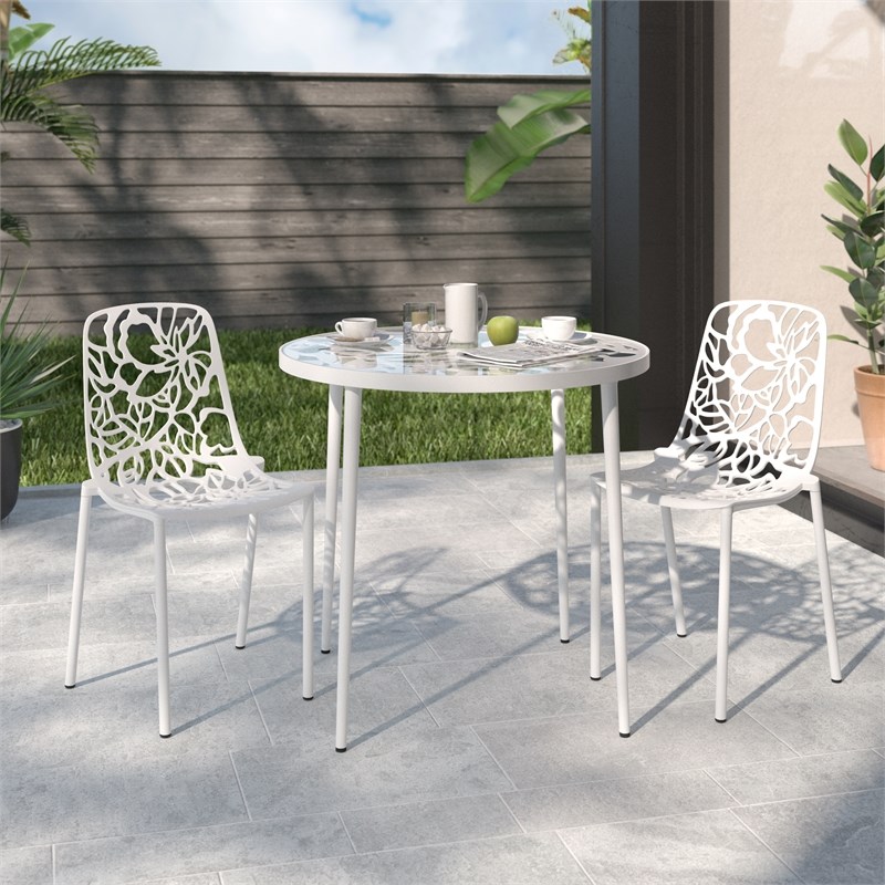 LeisureMod Devon Modern Indoor Outdoor Aluminum Dining Chair in White Set of 2