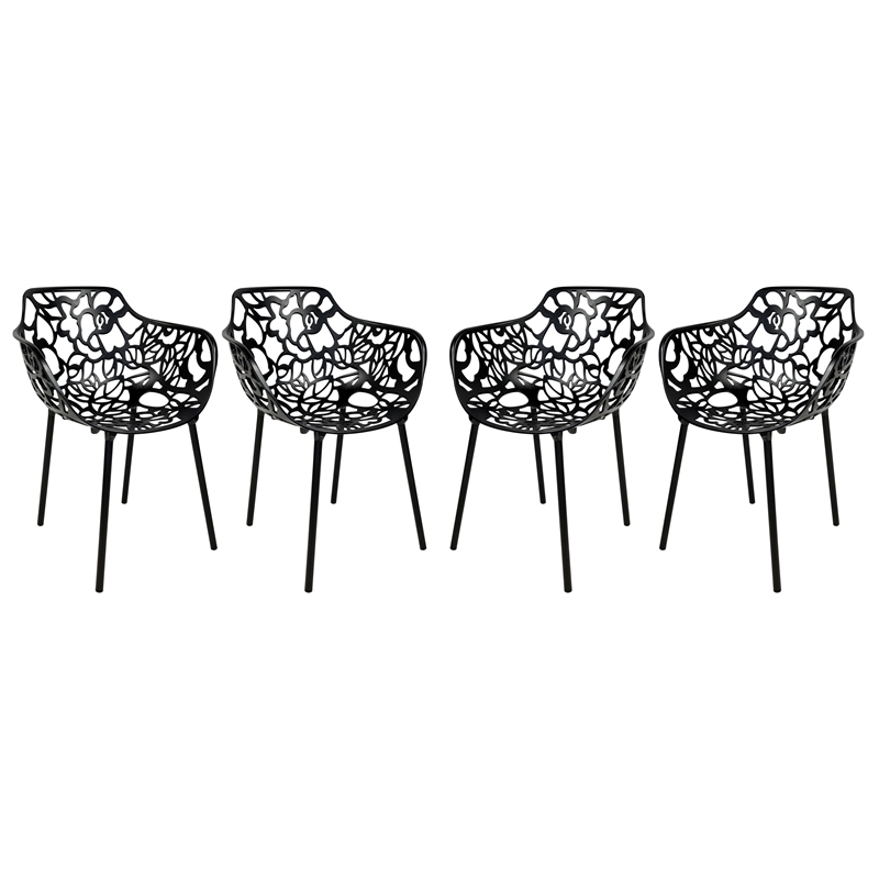 LeisureMod Devon Modern Indoor Outdoor Aluminum Dining Armchair Black Set of 4