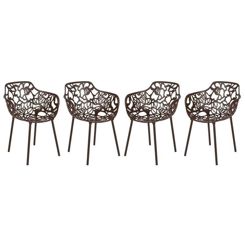 LeisureMod Devon Modern Indoor Outdoor Aluminum Dining Armchair Brown Set of 4