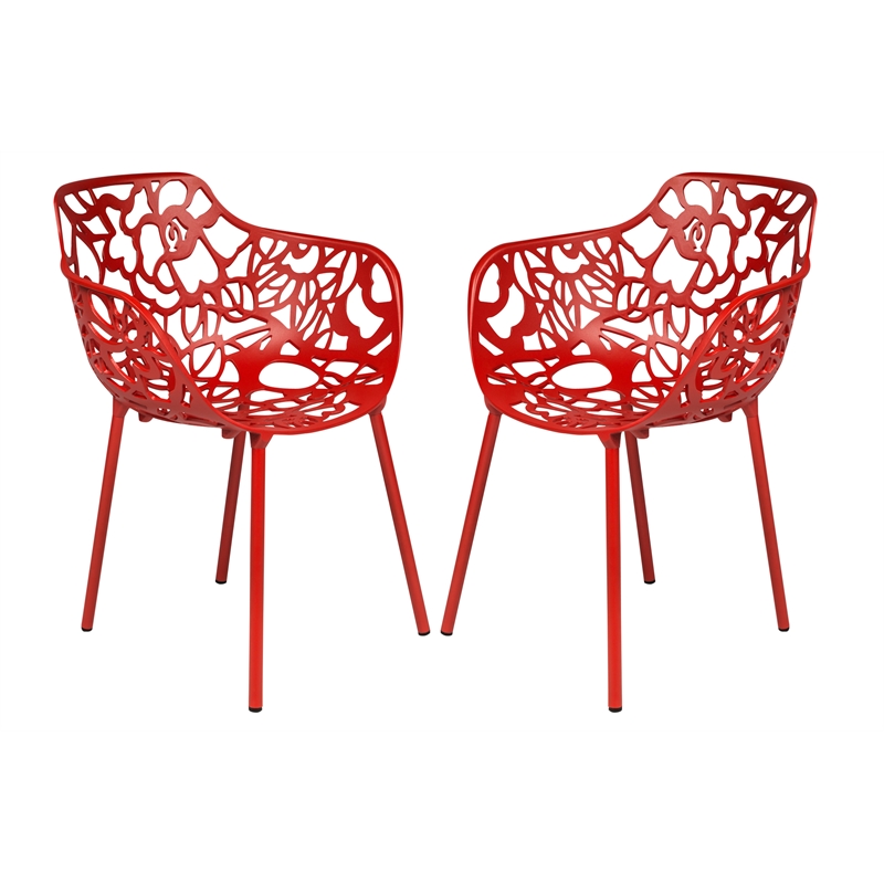 LeisureMod Devon Modern Indoor Outdoor Aluminum Dining Armchair Red Set of 2
