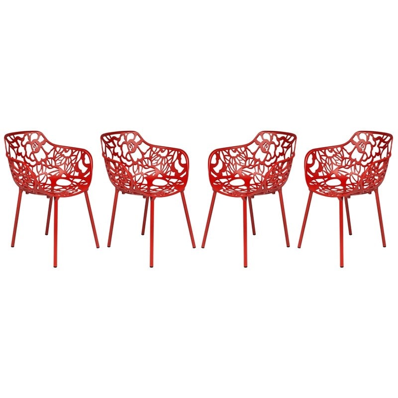 LeisureMod Devon Modern Indoor Outdoor Aluminum Dining Armchair Red Set of 4