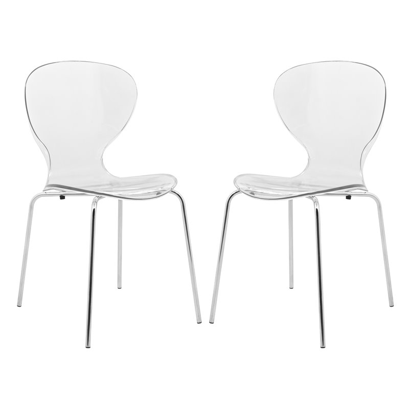 LeisureMod Oyster Dining Side Chair With Strong Metal Legs in Clear Set of 2