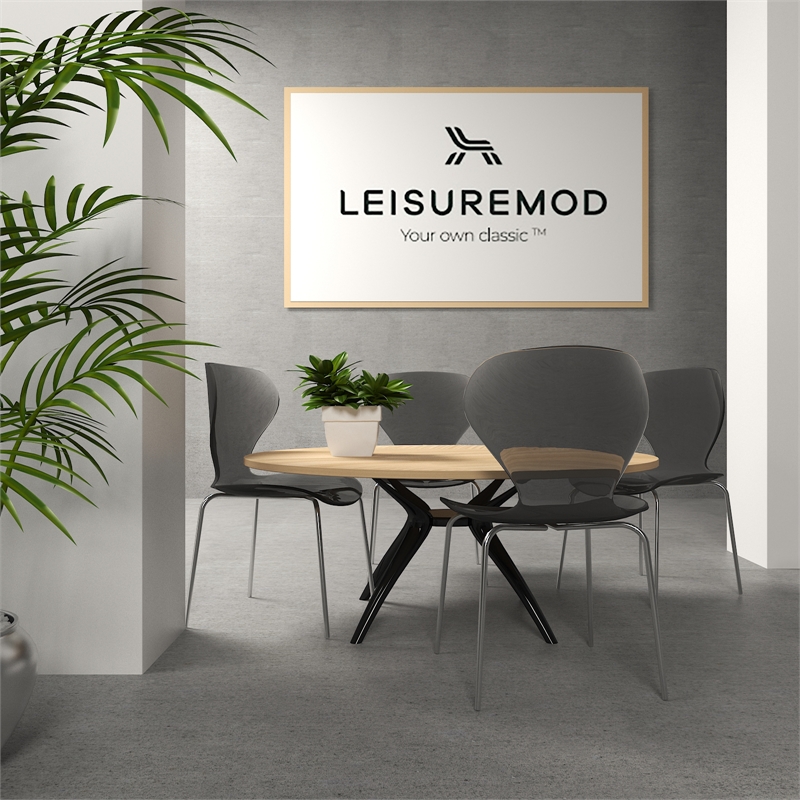 LeisureMod Oyster Dining Side Chair With Strong Metal Legs in Black Set of 4
