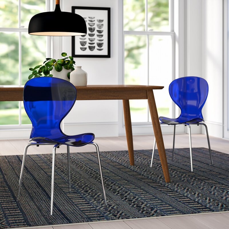 LeisureMod Oyster Dining Side Chair With Strong Metal Legs in Blue Set of 2