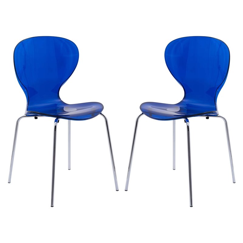 LeisureMod Oyster Dining Side Chair With Strong Metal Legs in Blue Set of 2