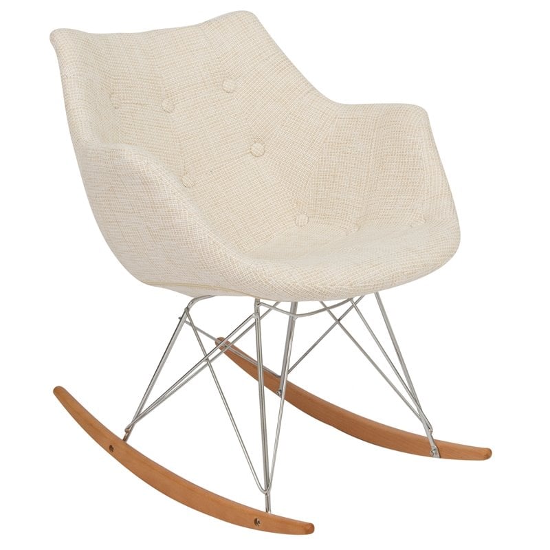 LeisureMod Mid-Century Willow Beige Twill Fabric Eiffel Base Rocking Chair