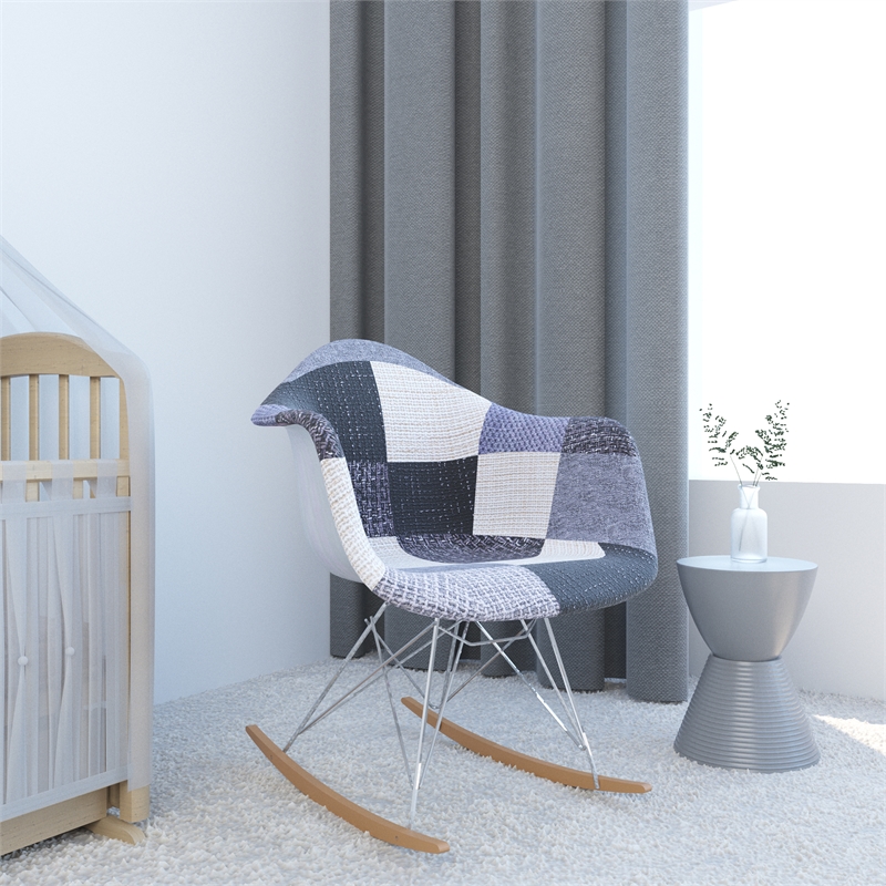 LeisureMod Mid-Century Wilson Patchwork Twill Fabric Eiffel Base Rocking Chair