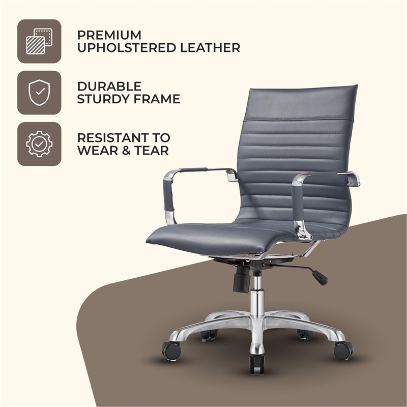 LeisureMod Harris Modern Faux Leather Executive Swivel Office Chair in Gray