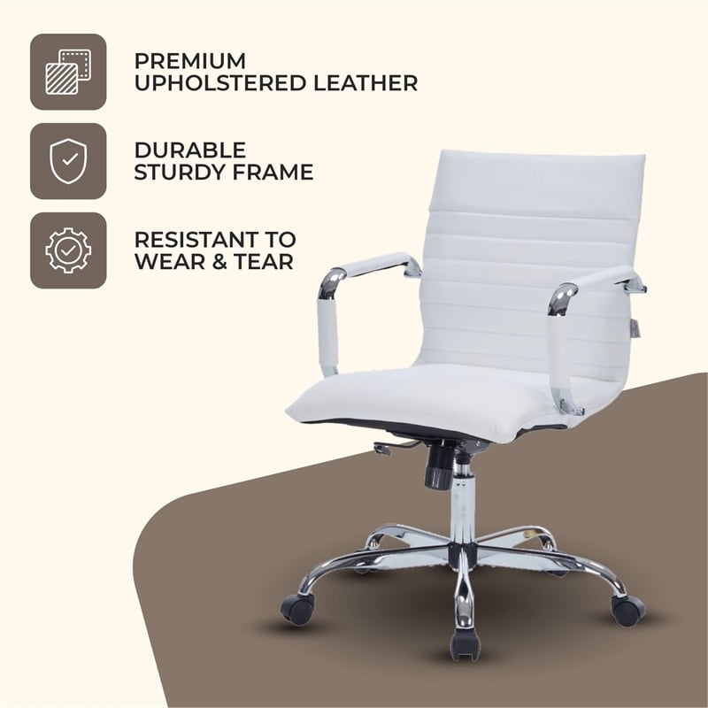 LeisureMod Harris Modern Leather Adjustable Swivel Office Chair in White