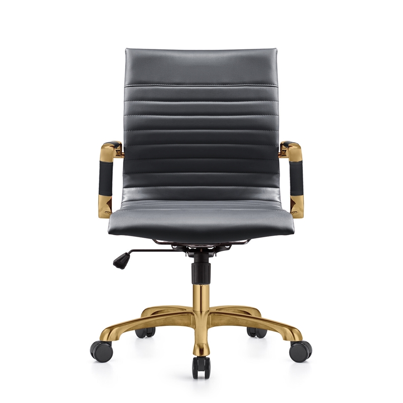 LeisureMod Harris Modern Leather Swivel Gold Office Chair in Black