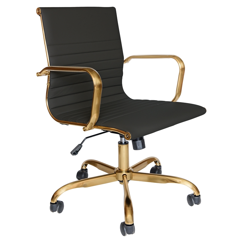 LeisureMod Harris Modern Leather Swivel Gold Office Chair in Black