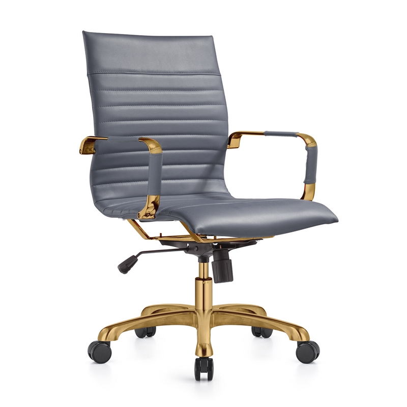 LeisureMod Harris Modern Leather Swivel Gold Office Chair in Gray