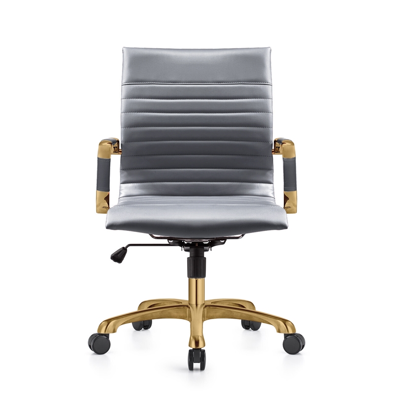 LeisureMod Harris Modern Leather Swivel Gold Office Chair in Gray