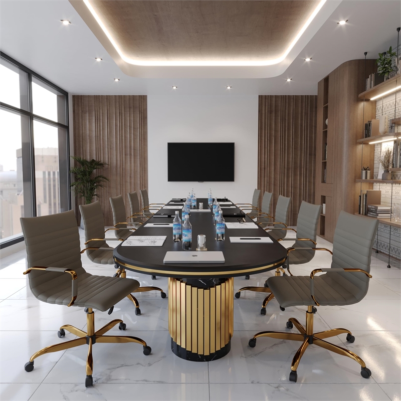 LeisureMod Harris Modern Leather Swivel Gold Office Chair in Tan