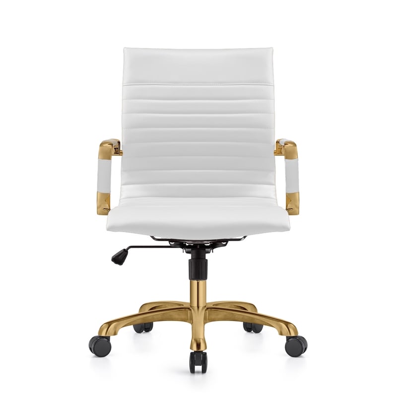LeisureMod Harris Modern Leather Swivel Gold Office Chair in White