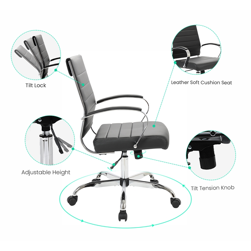 LeisureMod Upholstered Leather Office Chair with Swivel and Tilt in Black