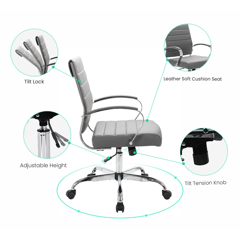 LeisureMod Benmar Modern Leatherette Executive Swivel Office Chair in Grey