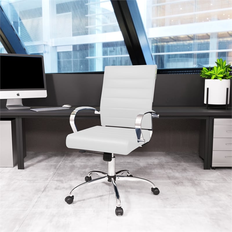 LeisureMod Upholstered Leather Office Chair with Swivel and Tilt in White