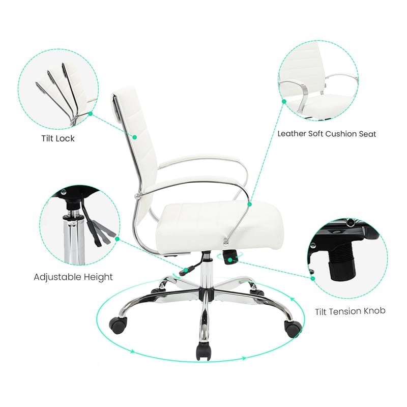 LeisureMod Upholstered Leather Office Chair with Swivel and Tilt in White