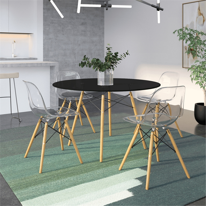 LeisureMod Dover Modern Round Wooden Top Dining Table With Eiffel Base in Black