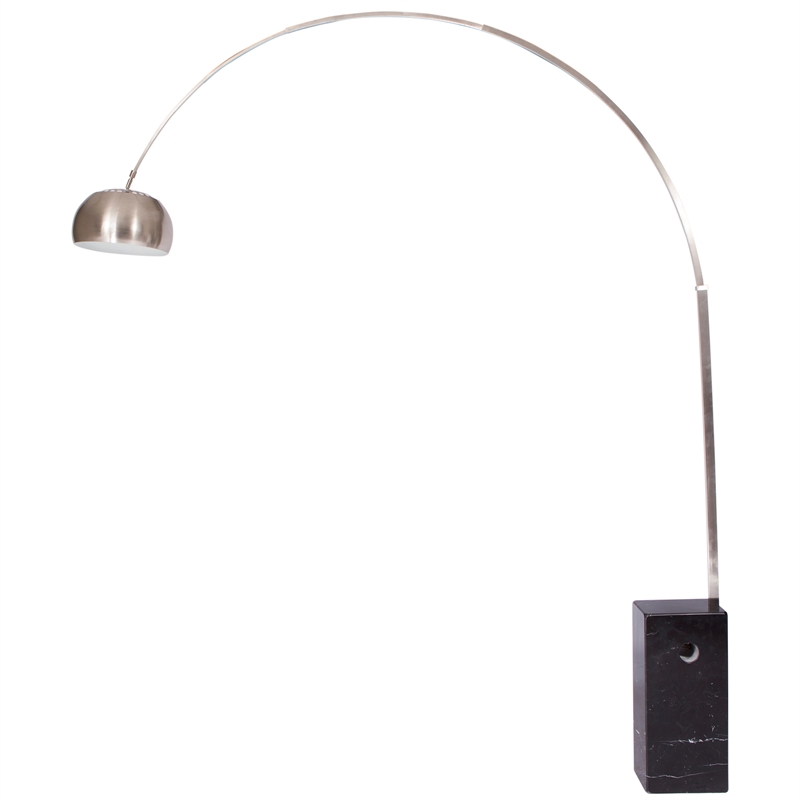 LeisureMod Modern Arco Stainless Steel Floor Lamp with Marble Cube Base in Black