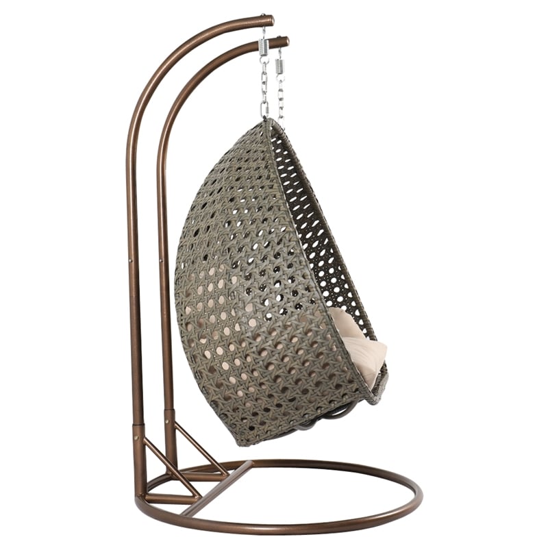 LeisureMod Outdoor Modern Wicker Hanging Double Egg Swing Chair in Beige