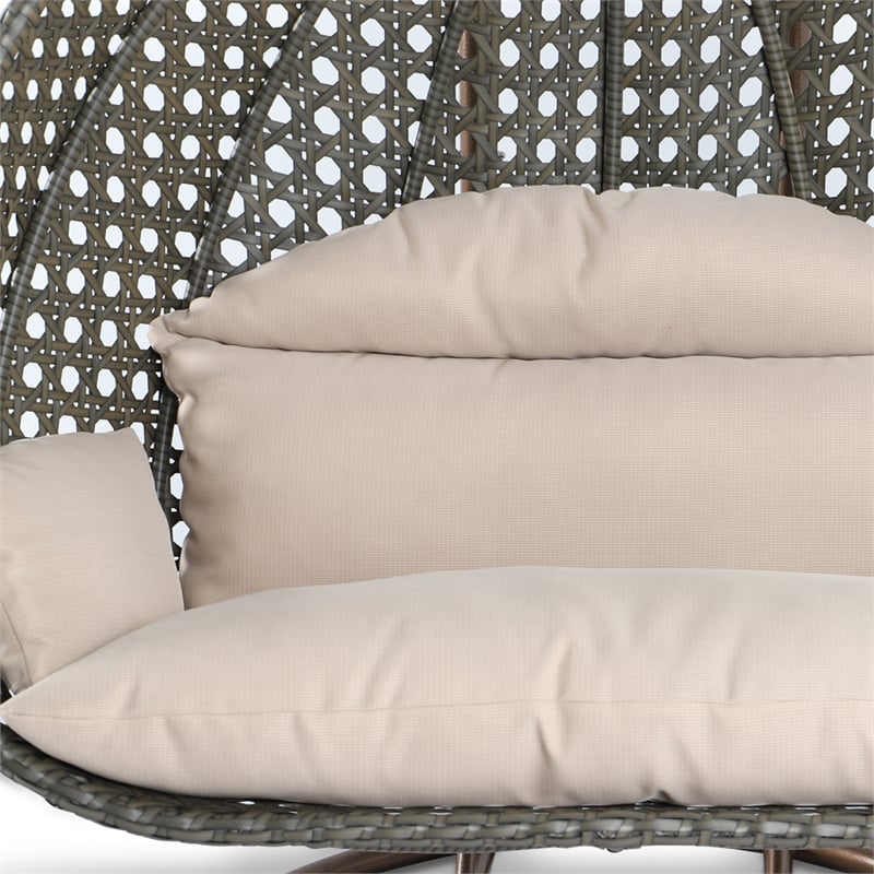 LeisureMod Outdoor Modern Wicker Hanging Double Egg Swing Chair in Beige