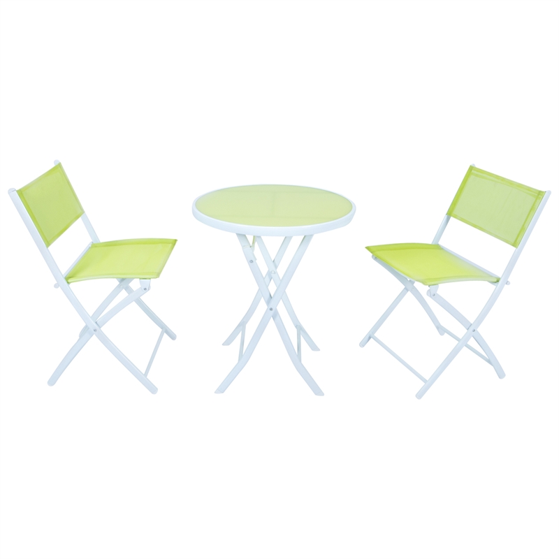 LeisureMod 3PcModern Outdoor Sling Bistro Metal Folding Table Chair Set in Green