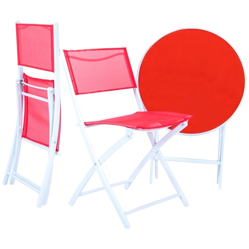 LeisureMod 3 PcModern Outdoor Sling Bistro Metal Folding Table Chairs Set in Red