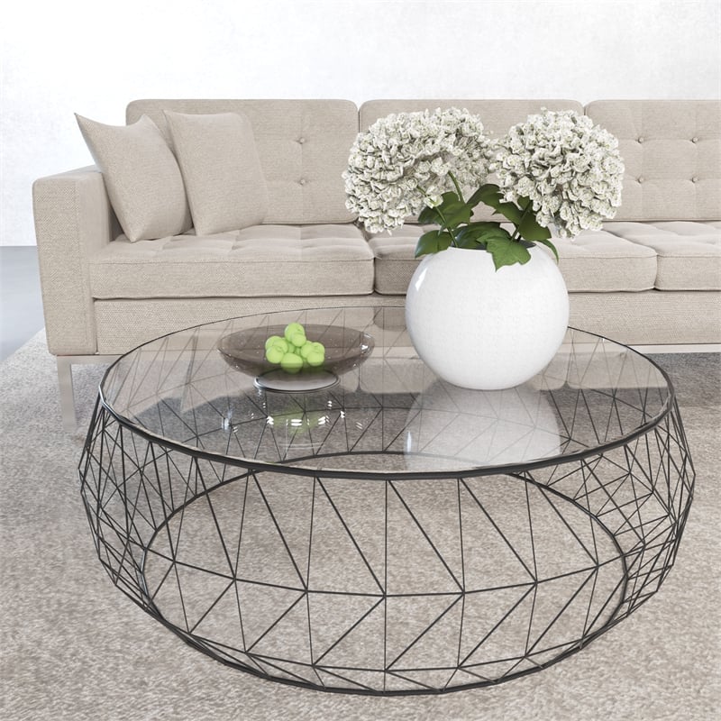 LeisureMod Malibu Modern Round Glass Top Coffee Table With Black Metal