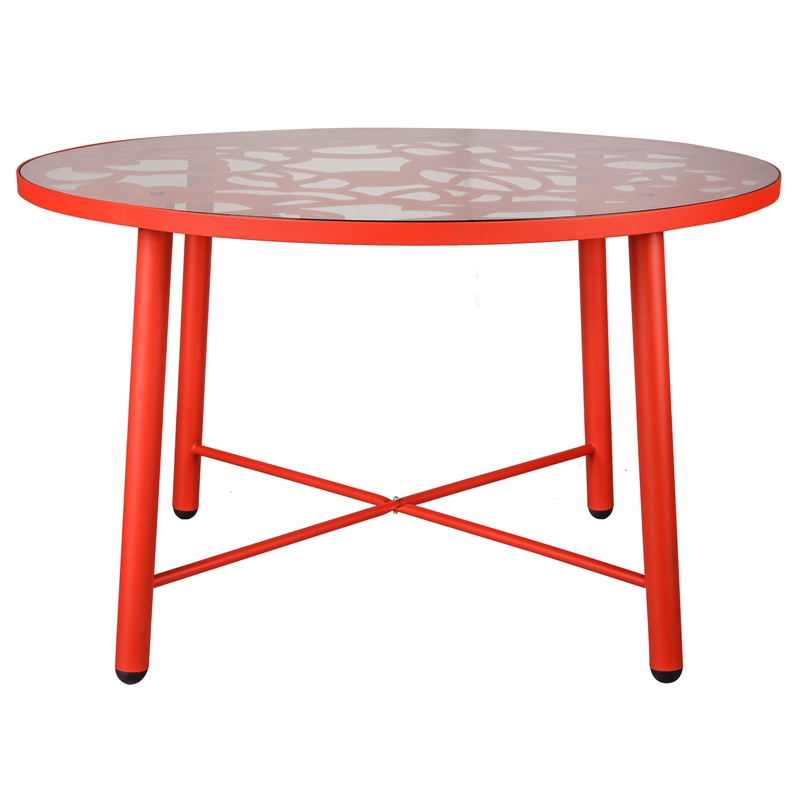 LeisureMod Devon Modern Glass Top Red Aluminum Base Outdoor 47