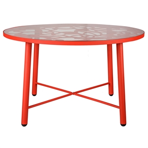 LeisureMod Devon Modern Glass Top Red Aluminum Base Outdoor 47&quot Dining Table