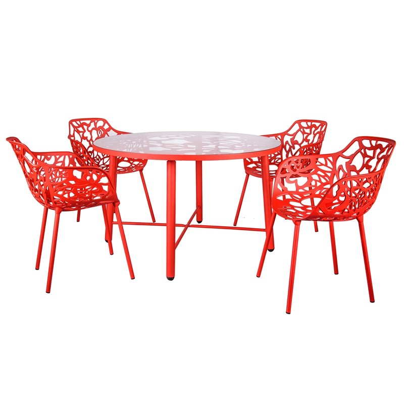 LeisureMod Devon Modern Glass Top Red Aluminum Base Outdoor 47