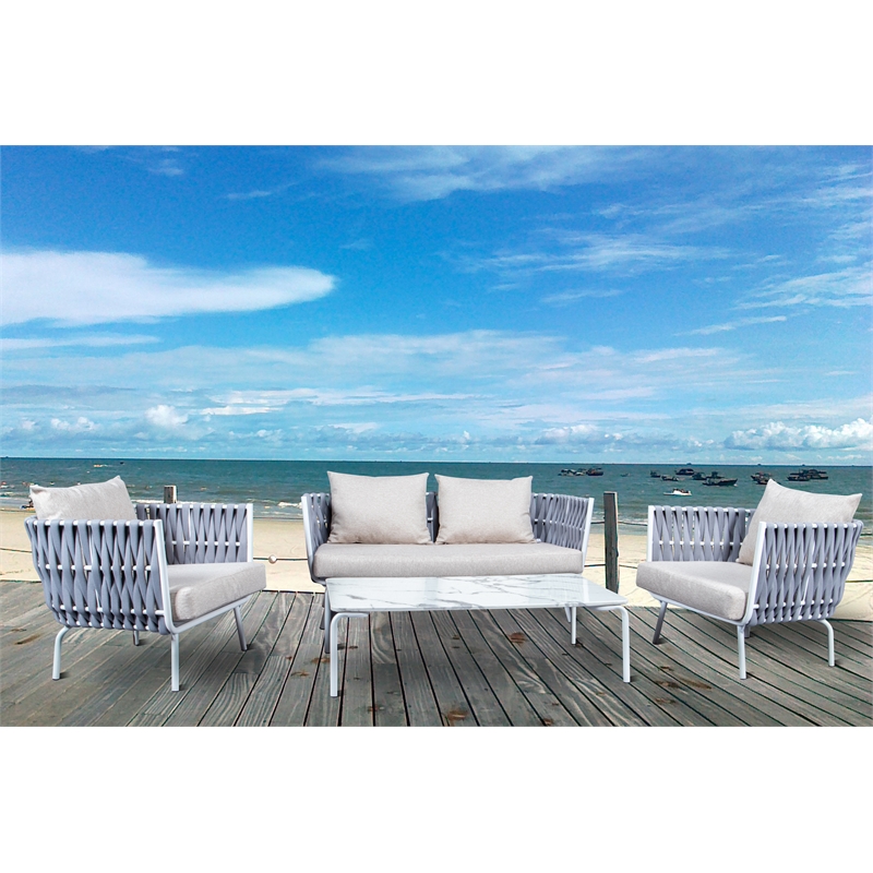 LeisureMod Spencer Outdoor Patio Rope Frame Loveseat With Cushions in Light Gray