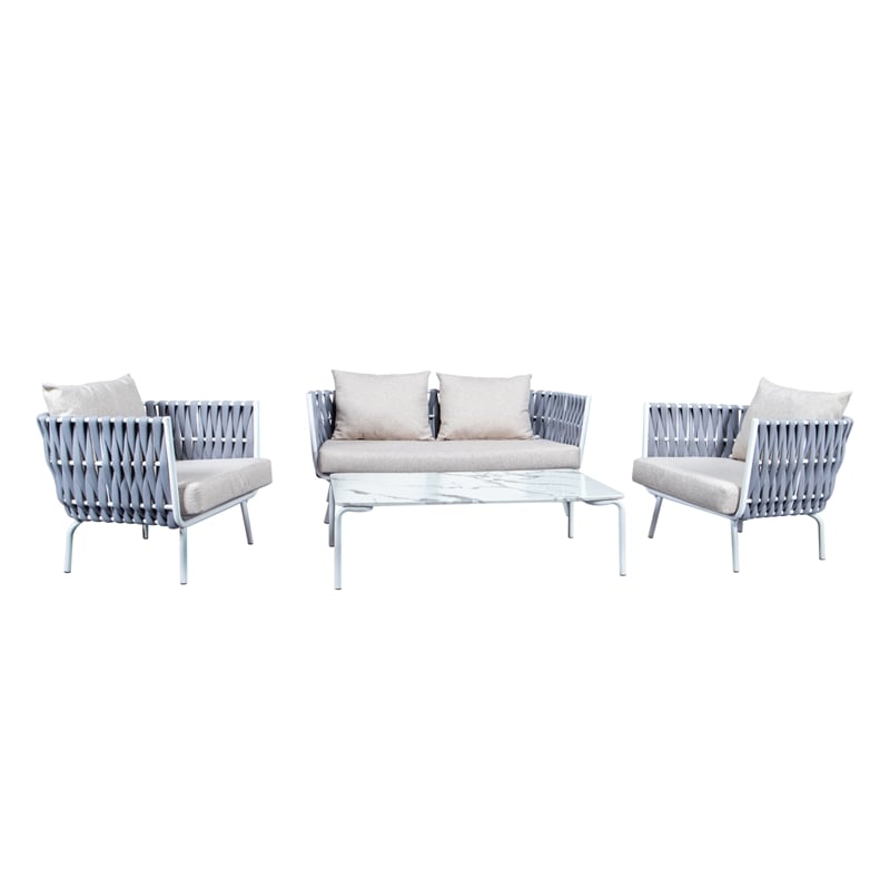 LeisureMod Spencer Outdoor Patio Rope Frame Loveseat With Cushions in Light Gray