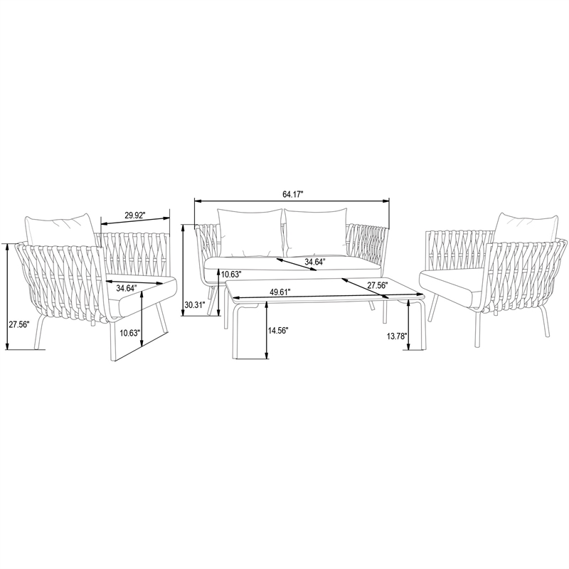 LeisureMod Spencer Outdoor Patio Rope Frame Loveseat With Cushions in Light Gray