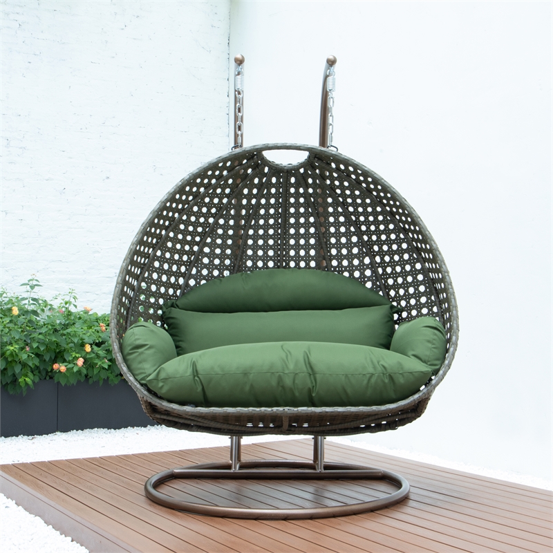 LeisureMod Outdoor Beige Wicker Hanging Double Egg Swing Chair in Dark Green