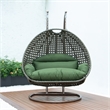 LeisureMod Outdoor Beige Wicker Hanging Double Egg Swing Chair in Dark Green
