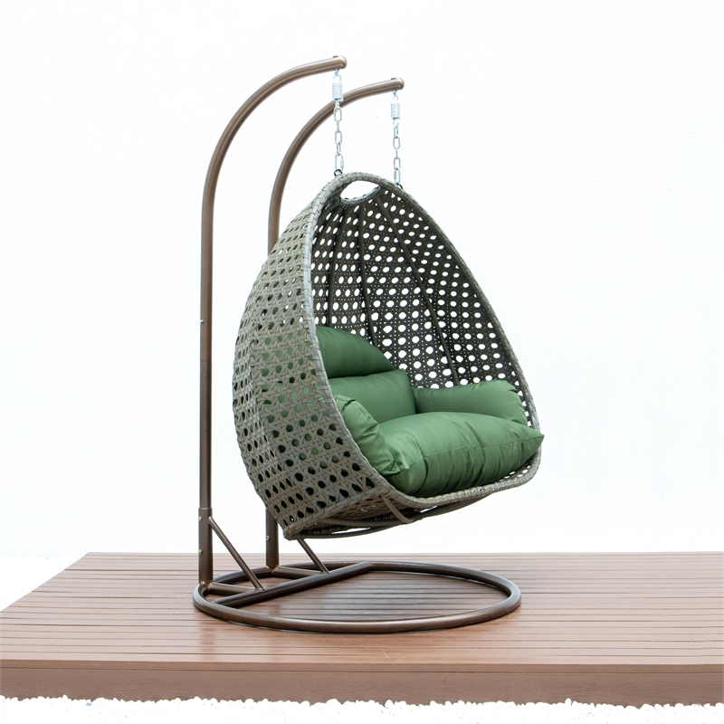 LeisureMod Outdoor Beige Wicker Hanging Double Egg Swing Chair in Dark Green