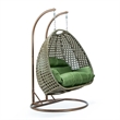 LeisureMod Outdoor Beige Wicker Hanging Double Egg Swing Chair in Dark Green