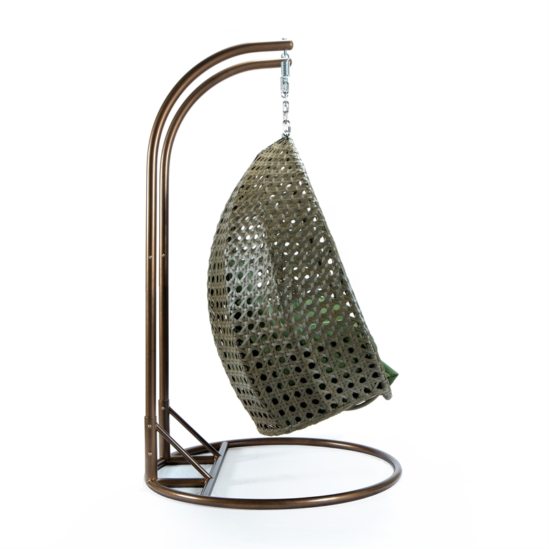 LeisureMod Outdoor Beige Wicker Hanging Double Egg Swing Chair in Dark Green