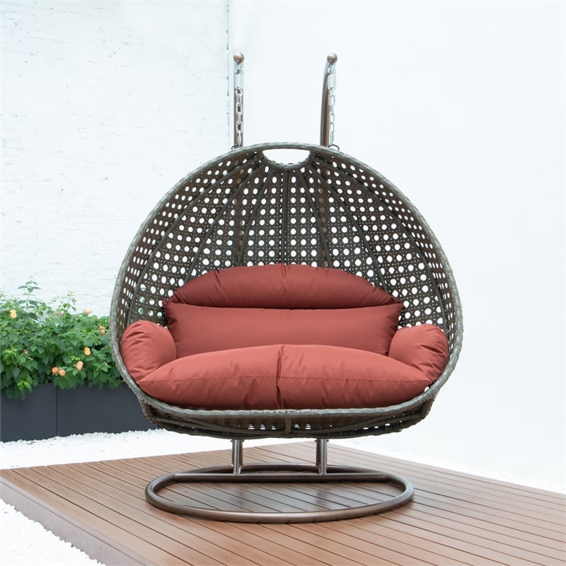 LeisureMod Outdoor Beige Wicker Hanging Double Egg Swing Chair in Dark Orange