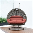 LeisureMod Outdoor Beige Wicker Hanging Double Egg Swing Chair in Dark Orange